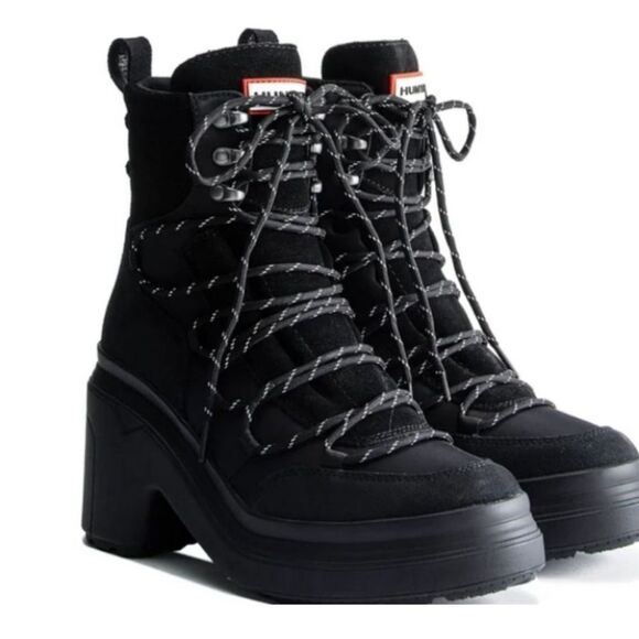 NEW Hunter Discoverer Mid Lace-up Leather Heel Boots Waterproof Black Size 9 - Picture 1 of 16